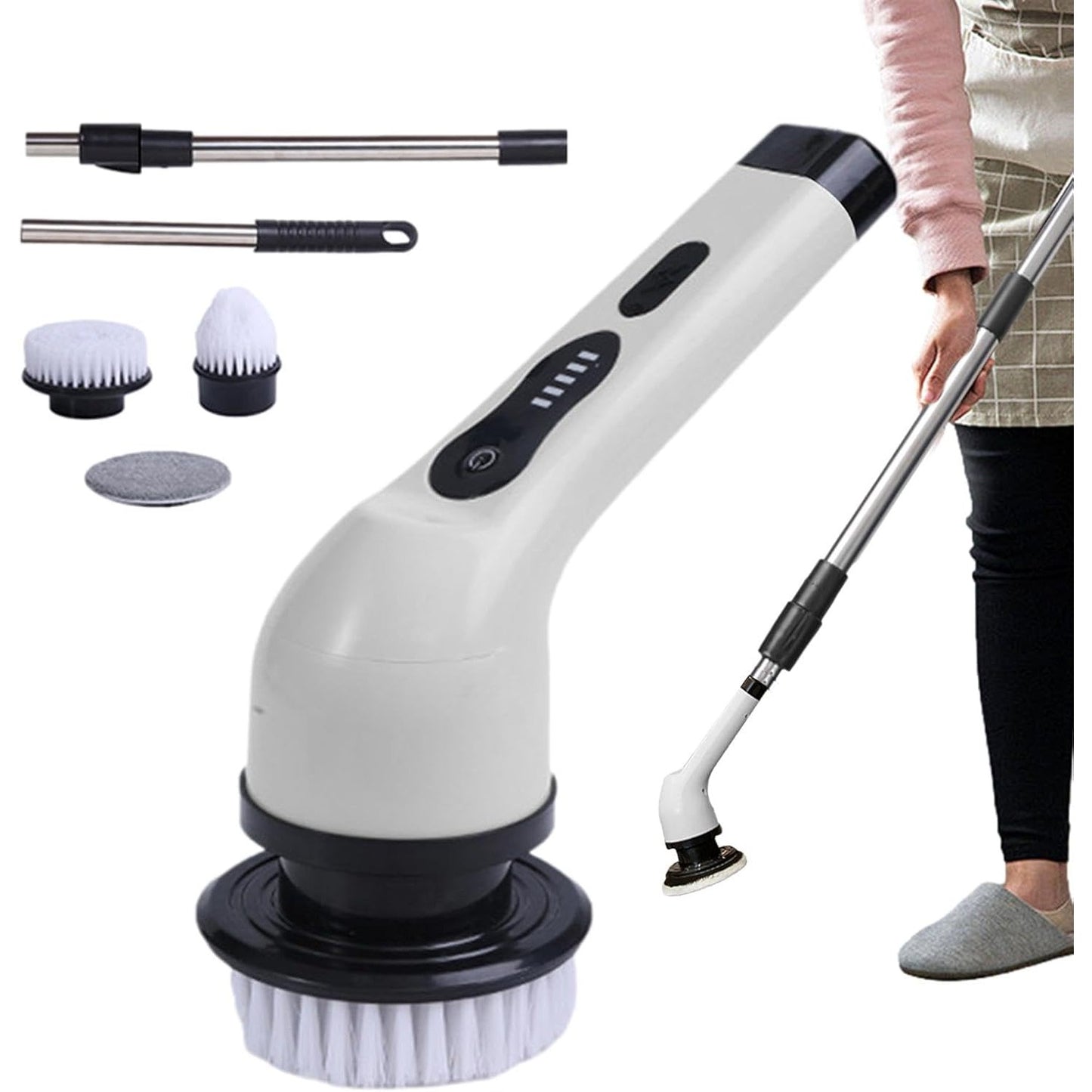 Perie Electrica de Curatare, pentru Gresie, Baie, Bucatarie, 25x20x9.5 cm, cu 6 Capete, Maner Extensibil Detasabil 84-127cm, Incarcare USB-Type C, Rotire 360 de Grade, 3000 mAh, Culoare: Alb