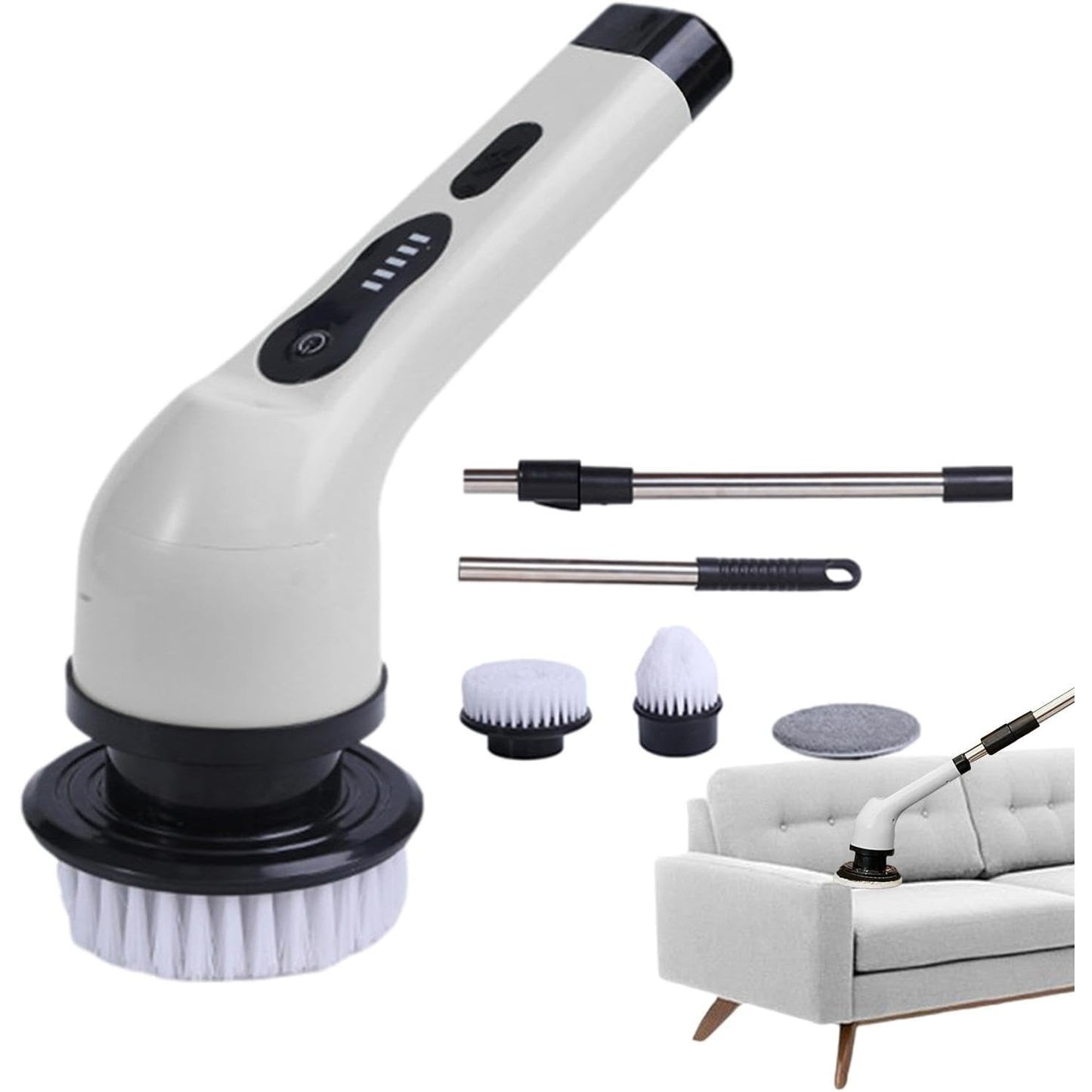 Perie Electrica de Curatare, pentru Gresie, Baie, Bucatarie, 25x20x9.5 cm, cu 6 Capete, Maner Extensibil Detasabil 84-127cm, Incarcare USB-Type C, Rotire 360 de Grade, 3000 mAh, Culoare: Alb