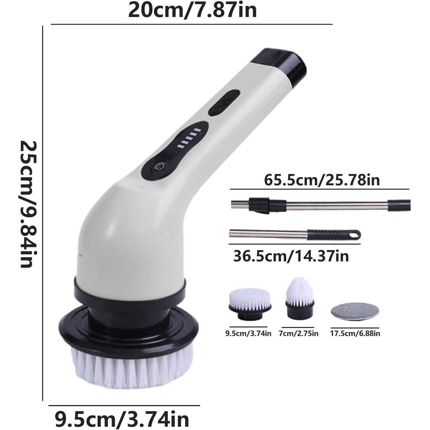Perie Electrica de Curatare, pentru Gresie, Baie, Bucatarie, 25x20x9.5 cm, cu 6 Capete, Maner Extensibil Detasabil 84-127cm, Incarcare USB-Type C, Rotire 360 de Grade, 3000 mAh, Culoare: Alb