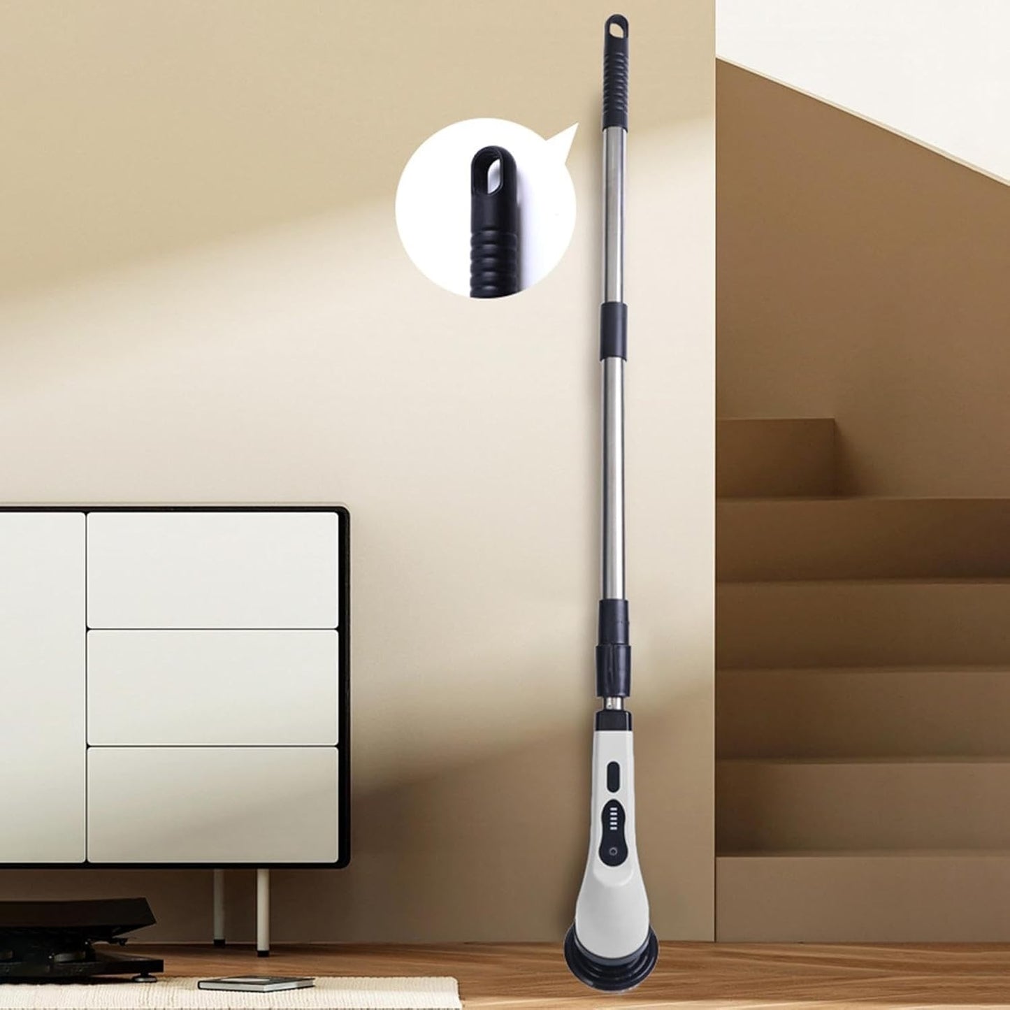 Perie Electrica de Curatare, pentru Gresie, Baie, Bucatarie, 25x20x9.5 cm, cu 6 Capete, Maner Extensibil Detasabil 84-127cm, Incarcare USB-Type C, Rotire 360 de Grade, 3000 mAh, Culoare: Alb