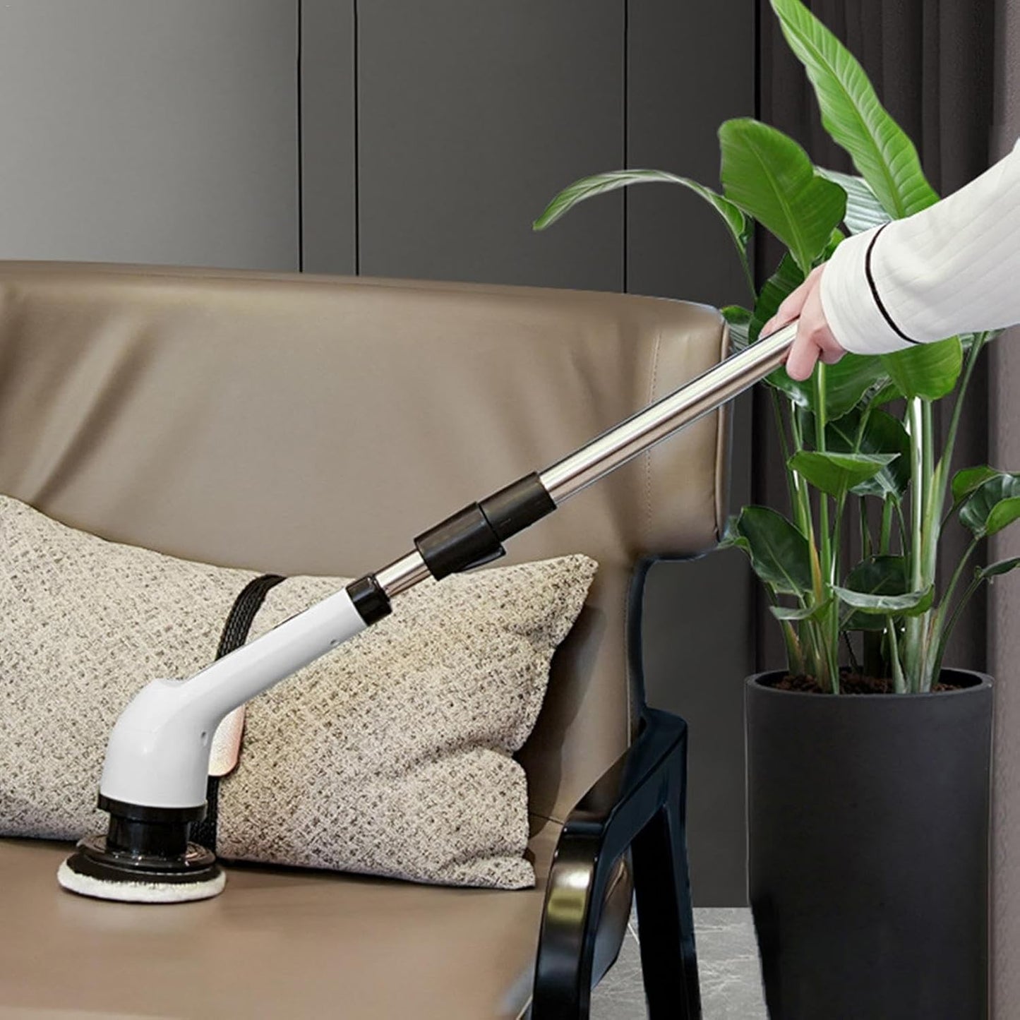 Perie Electrica de Curatare, pentru Gresie, Baie, Bucatarie, 25x20x9.5 cm, cu 6 Capete, Maner Extensibil Detasabil 84-127cm, Incarcare USB-Type C, Rotire 360 de Grade, 3000 mAh, Culoare: Alb
