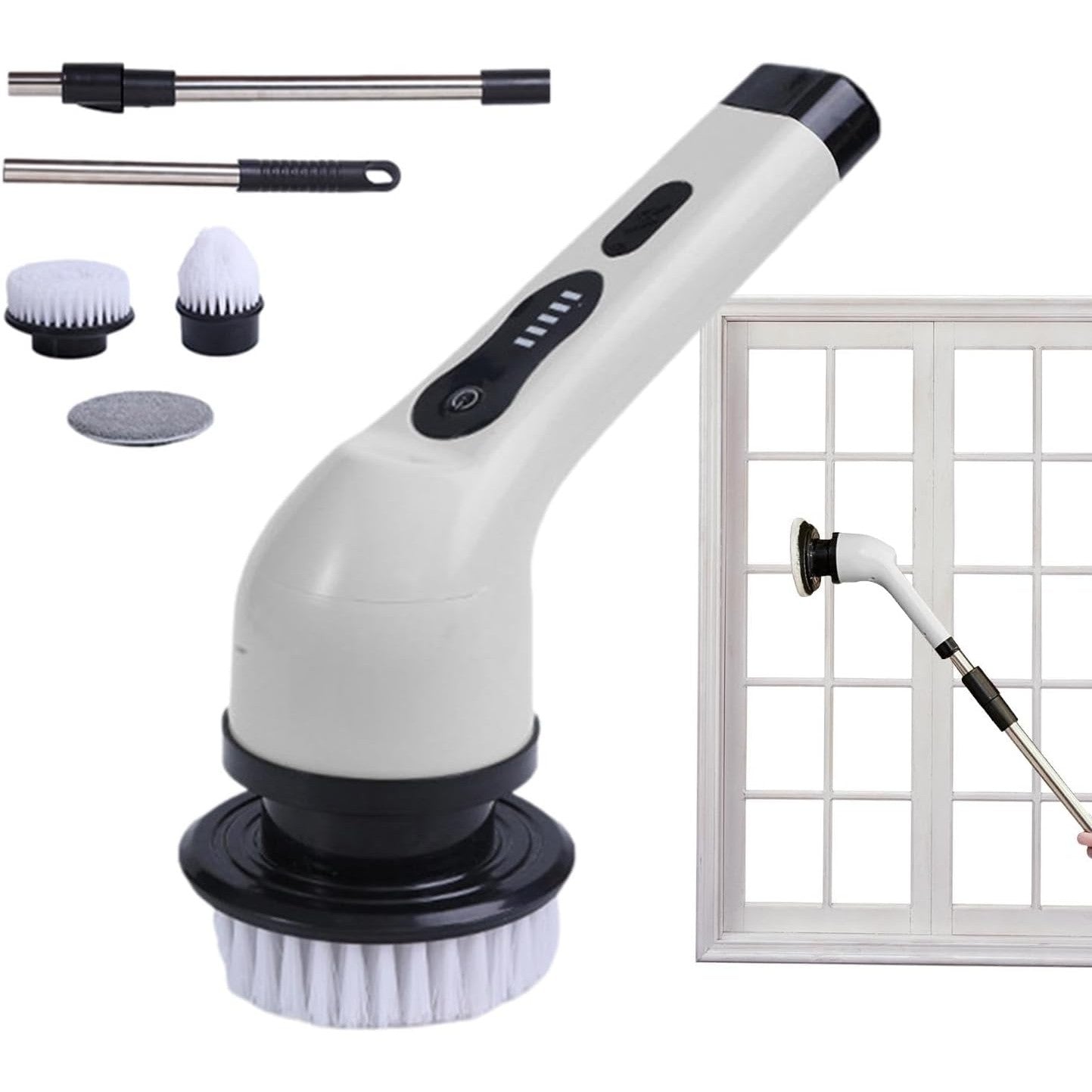 Perie Electrica de Curatare, pentru Gresie, Baie, Bucatarie, 25x20x9.5 cm, cu 6 Capete, Maner Extensibil Detasabil 84-127cm, Incarcare USB-Type C, Rotire 360 de Grade, 3000 mAh, Culoare: Alb