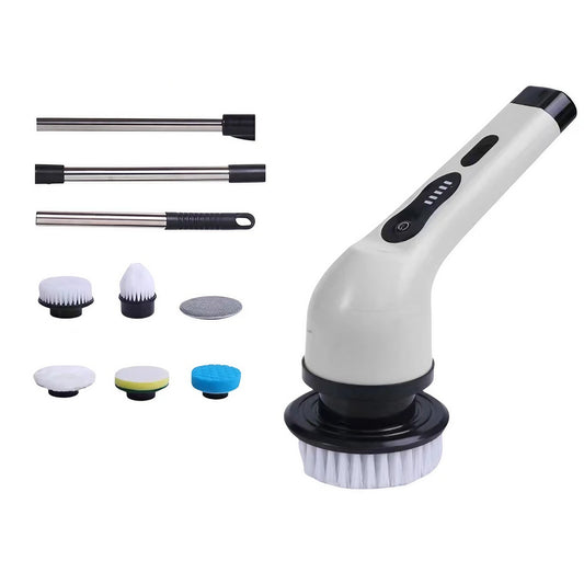 Perie Electrica de Curatare, pentru Gresie, Baie, Bucatarie, 25x20x9.5 cm, cu 6 Capete, Maner Extensibil Detasabil 84-127cm, Incarcare USB-Type C, Rotire 360 de Grade, 3000 mAh, Culoare: Alb