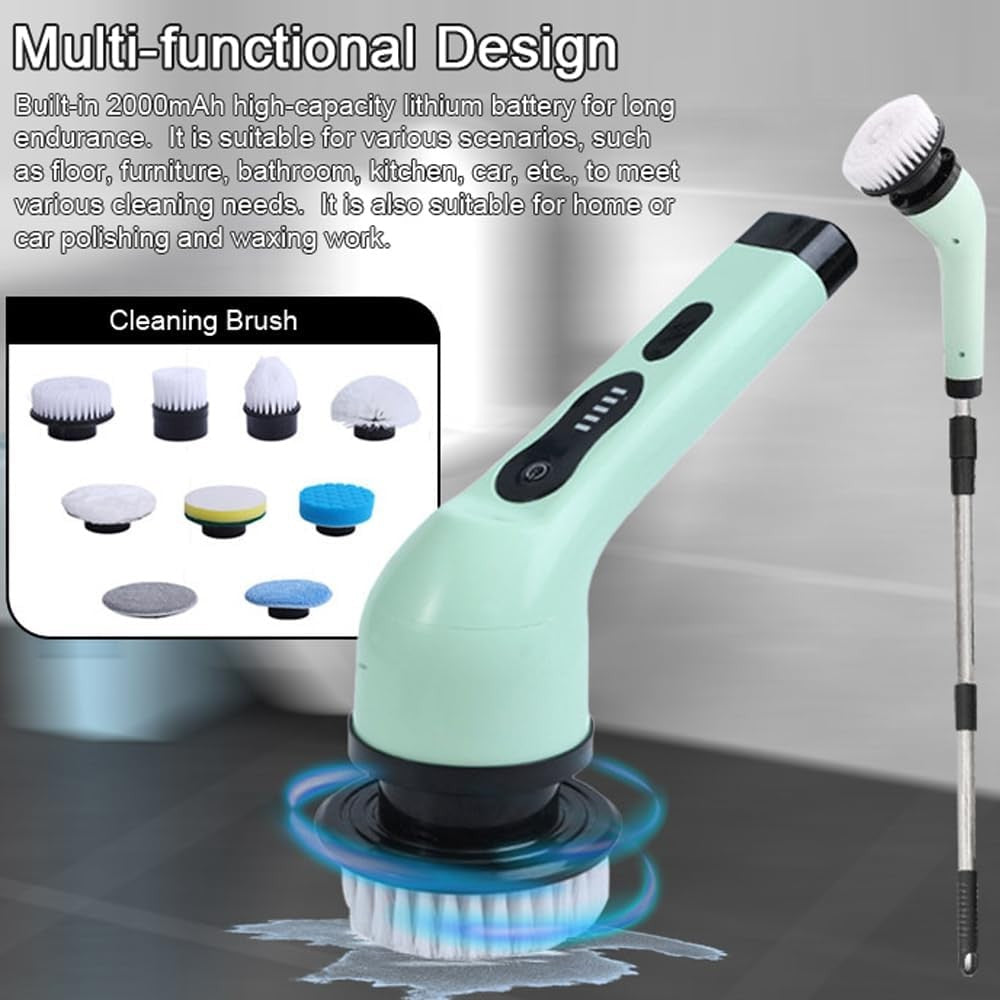 Perie Electrica de Curatare, pentru Gresie, Baie, Bucatarie, 25x20x9.5 cm, cu 9 Capete, Maner Extensibil Detasabil 84-127cm, Incarcare USB-Type C, Rotire 360 de Grade, 3000 mAh, Culoare: Verde