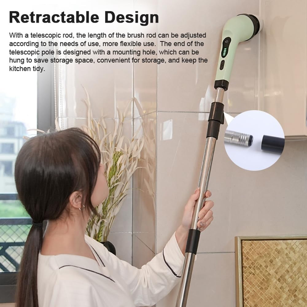 Perie Electrica de Curatare, pentru Gresie, Baie, Bucatarie, 25x20x9.5 cm, cu 9 Capete, Maner Extensibil Detasabil 84-127cm, Incarcare USB-Type C, Rotire 360 de Grade, 3000 mAh, Culoare: Verde