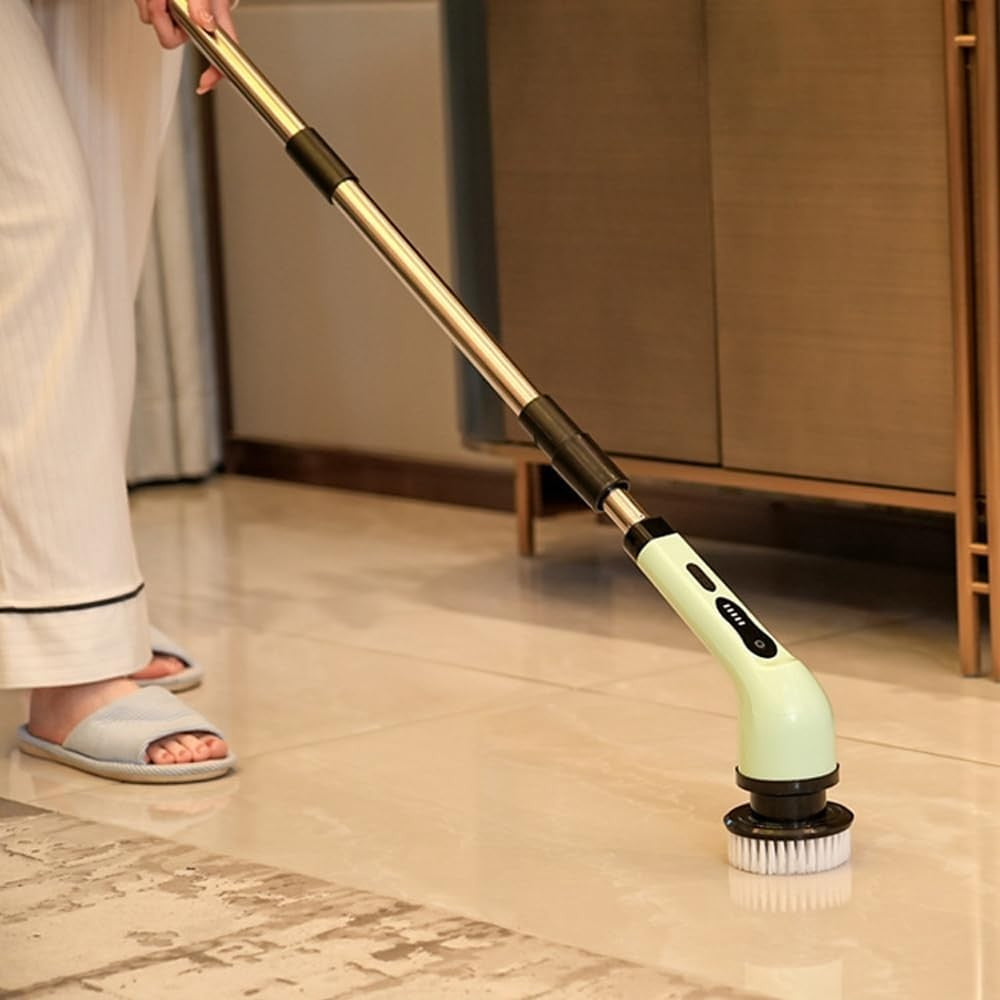 Perie Electrica de Curatare, pentru Gresie, Baie, Bucatarie, 25x20x9.5 cm, cu 9 Capete, Maner Extensibil Detasabil 84-127cm, Incarcare USB-Type C, Rotire 360 de Grade, 3000 mAh, Culoare: Verde