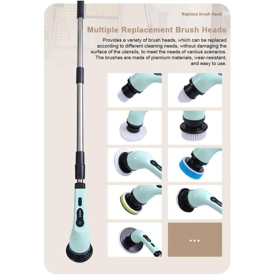 Perie Electrica de Curatare, pentru Gresie, Baie, Bucatarie, 25x20x9.5 cm, cu 9 Capete, Maner Extensibil Detasabil 84-127cm, Incarcare USB-Type C, Rotire 360 de Grade, 3000 mAh, Culoare: Verde
