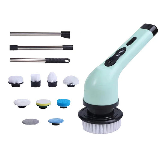 Perie Electrica de Curatare, pentru Gresie, Baie, Bucatarie, 25x20x9.5 cm, cu 9 Capete, Maner Extensibil Detasabil 84-127cm, Incarcare USB-Type C, Rotire 360 de Grade, 3000 mAh, Culoare: Verde