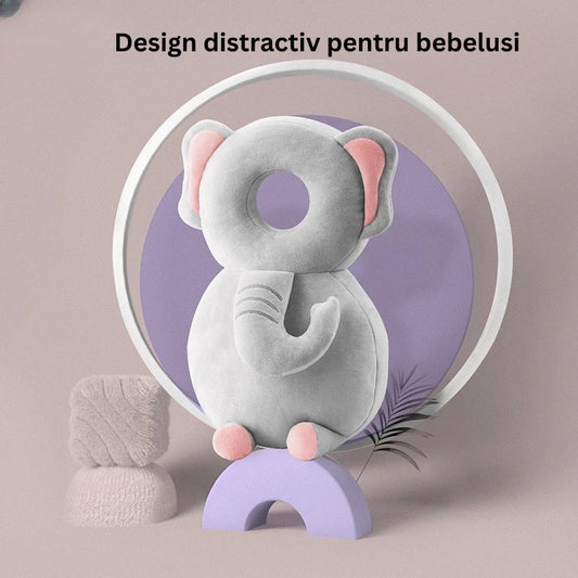 Perna tip Rucsac pentru Protectia Capului, Tetiera tip Elefant de Plus, pentru Bebelusi, 33x6x19 cm, 180 g, Gri
