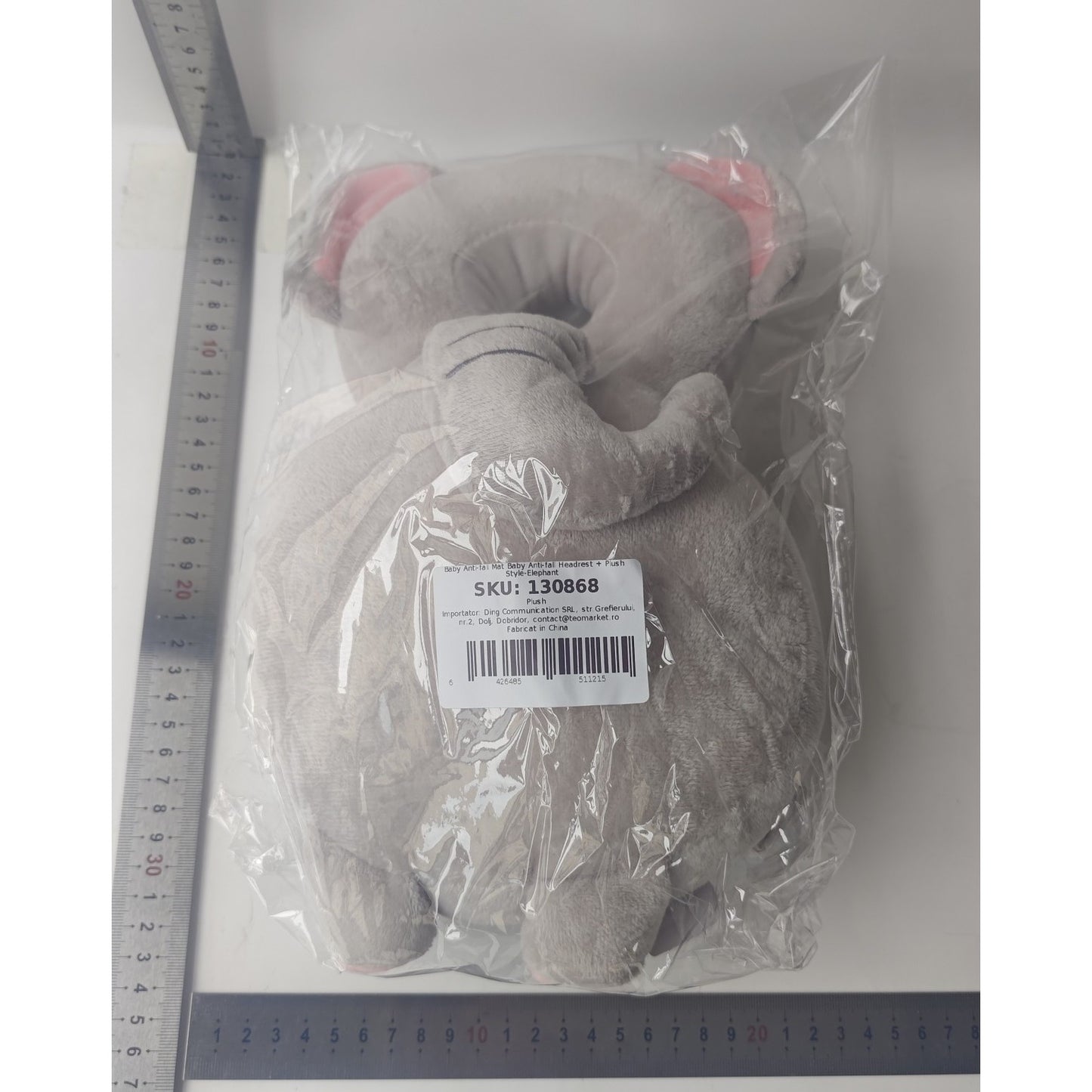 Perna tip Rucsac pentru Protectia Capului, Tetiera tip Elefant de Plus, pentru Bebelusi, 33x6x19 cm, 180 g, Gri