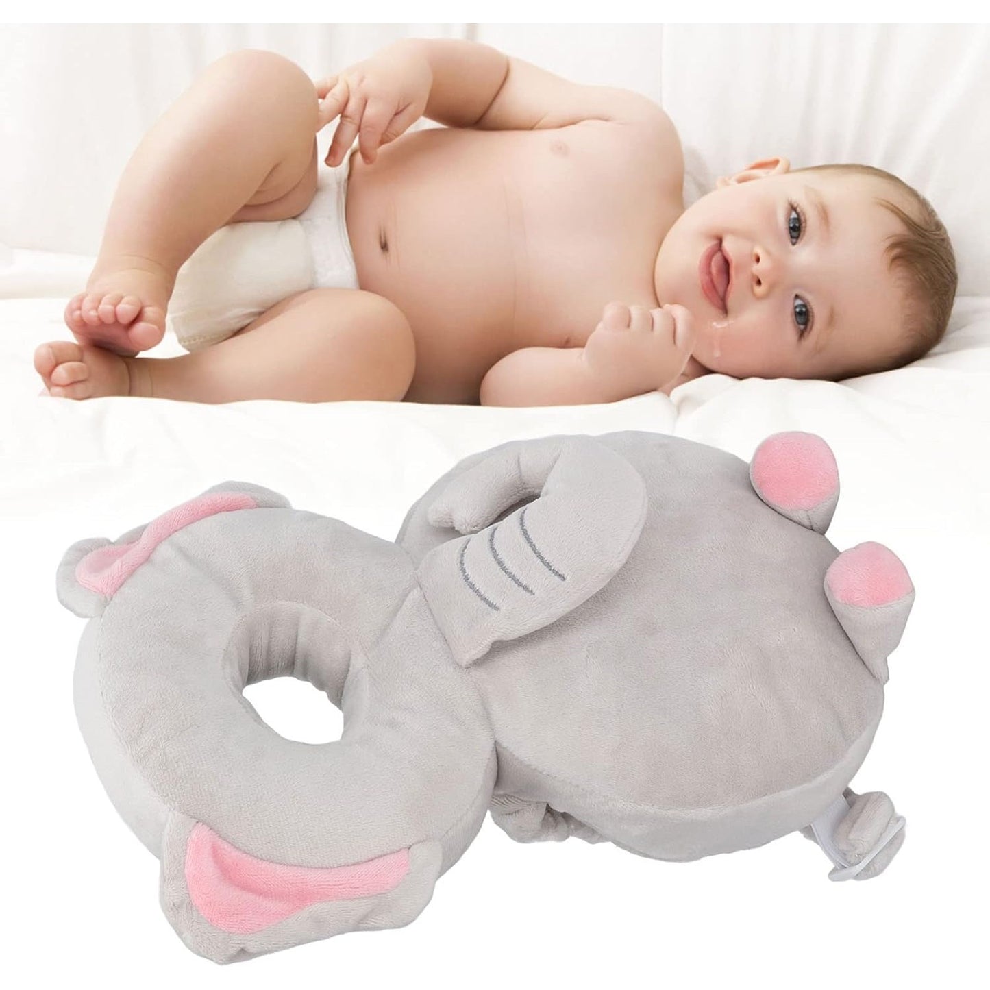 Perna tip Rucsac pentru Protectia Capului, Tetiera tip Elefant de Plus, pentru Bebelusi, 33x6x19 cm, 180 g, Gri