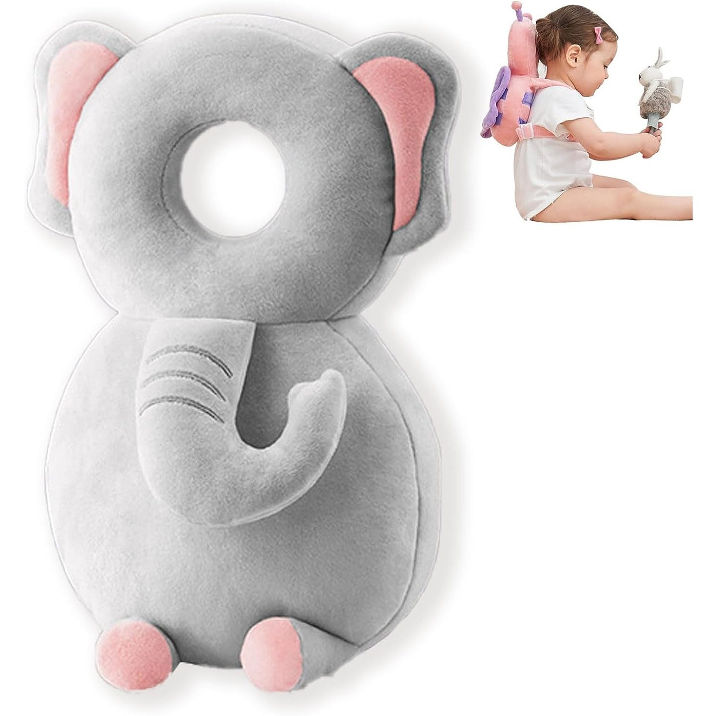 Perna tip Rucsac pentru Protectia Capului, Tetiera tip Elefant de Plus, pentru Bebelusi, 33x6x19 cm, 180 g, Gri