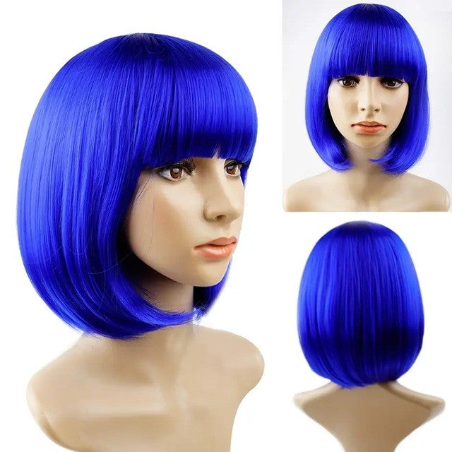 Peruca Cosplay, Tunsoare Bob cu Breton, pentru Carnaval, Halloween, Petreceri Tematice, din PET, Marime Universala, Albastru