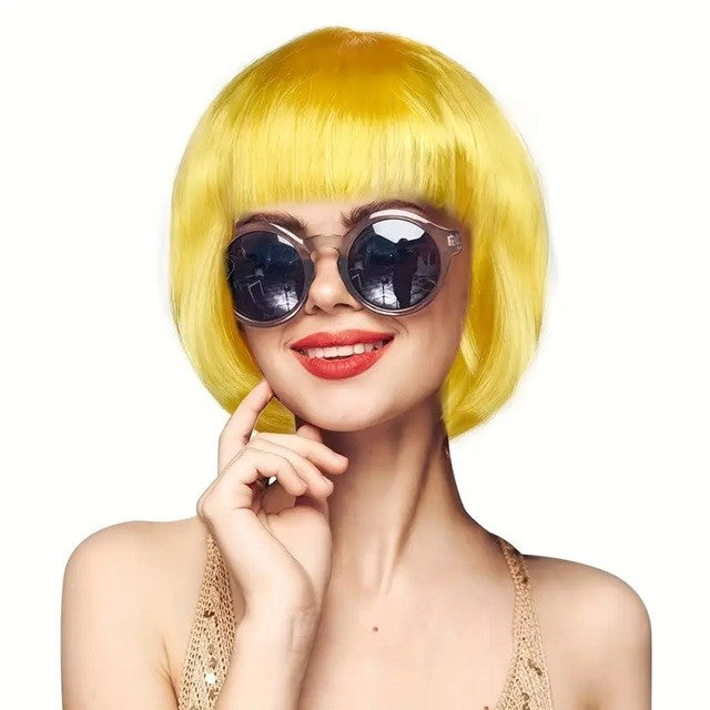 Peruca Cosplay, Tunsoare Bob cu Breton, pentru Carnaval, Halloween, Petreceri Tematice, din PET, Marime Universala, Galben