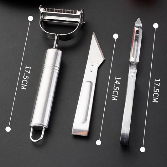 Accesorii de Curatat Decojit Fructe Legume, Set 3 Piese, Feliator Cutit Decojitor, Legume si Fructe, din Otel Inoxidabil, cu Maner, Argintiu