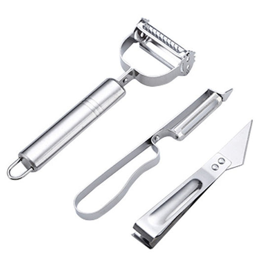 Accesorii de Curatat Decojit Fructe Legume, Set 3 Piese, Feliator Cutit Decojitor, Legume si Fructe, din Otel Inoxidabil, cu Maner, Argintiu