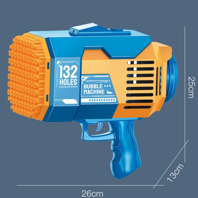 Pistol pentru Baloane de Sapun, 132 de Gauri, Lumini Colorate, Tavita, Lichid, Baterie de Li, Cablu de Incarcare, 25cm x 13cm x 26cm, Albastru