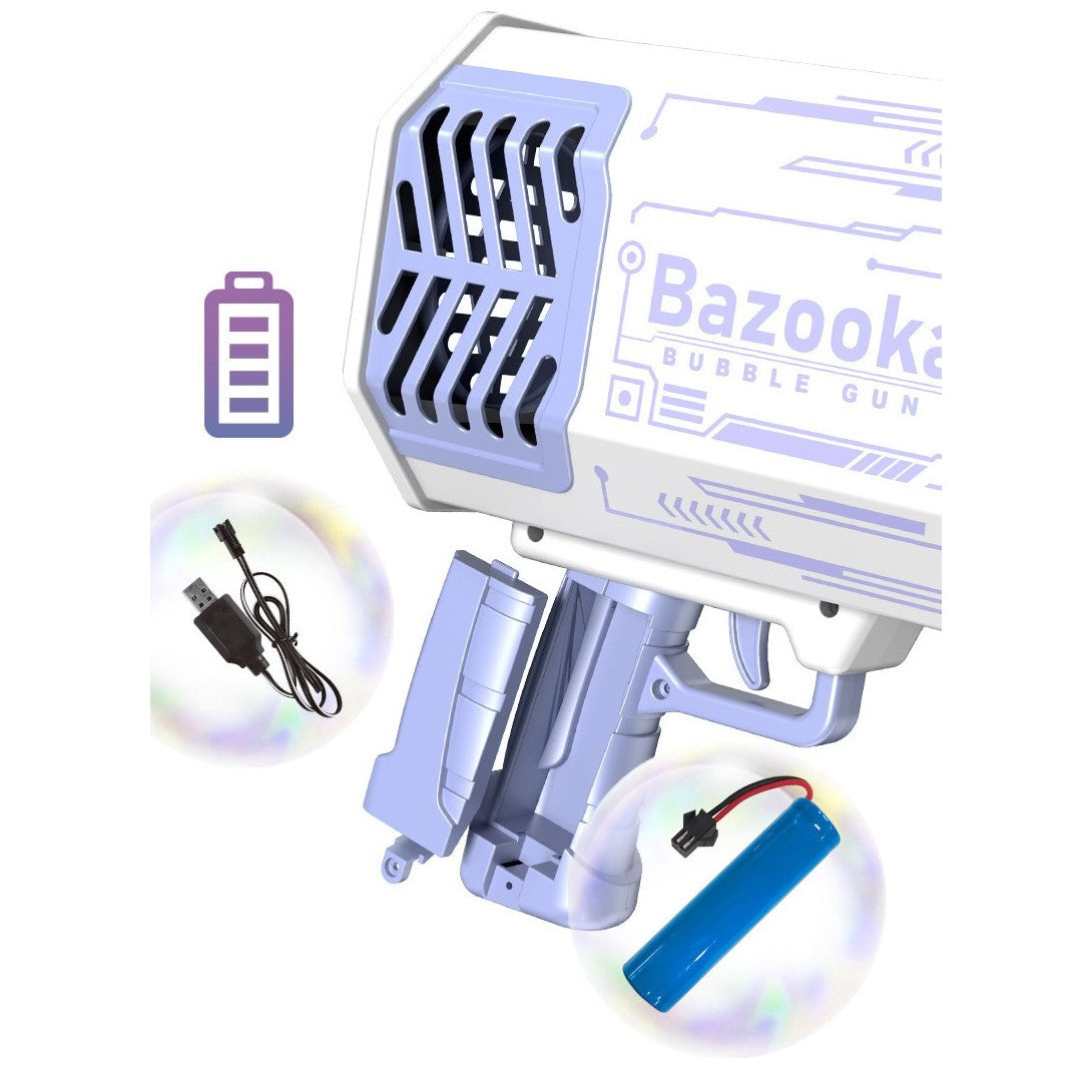 Pistol pentru Baloane de Sapun, 69 de Gauri, Lumini Colorate, Tavita, Lichid, Baterie de Li, Cablu de Incarcare, 24cm x 14cm x 24cm, Mov
