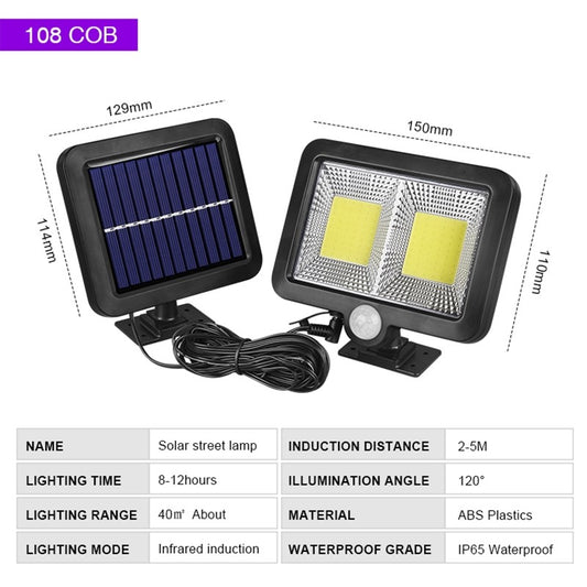 Lampa solara cu senzor de miscare, 108 COB LED, 2 grile, ip65, negru