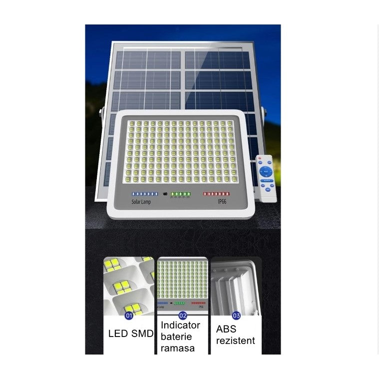 Proiector LED cu Panou Solar, Senzor lumina, Waterproof, 216 LED-uri incorporate, 100W, 24x19 cm, IP 67, Design Modern, Negru
