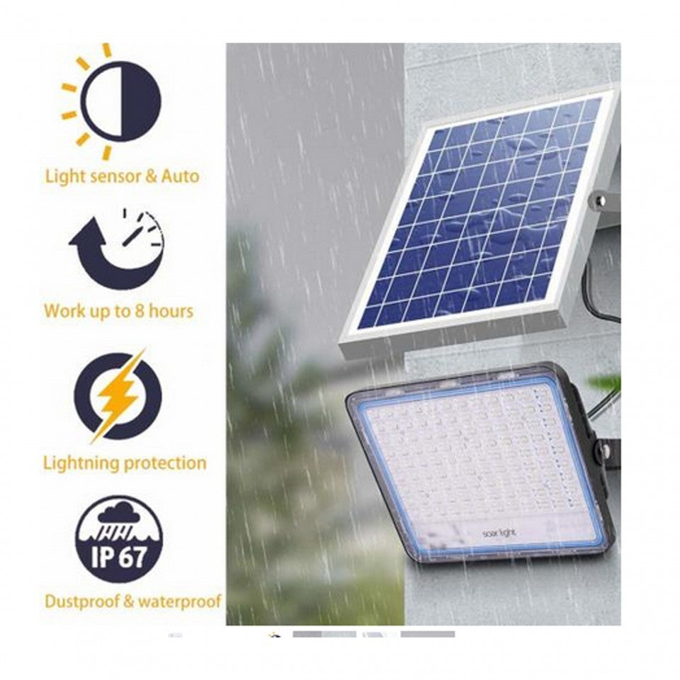 Proiector LED cu Panou Solar, Senzor lumina, Waterproof, 216 LED-uri incorporate, 100W, 24x19 cm, IP 67, Design Modern, Negru