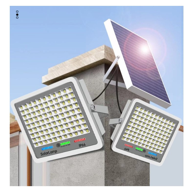 Proiector LED cu Panou Solar, Senzor lumina, Waterproof, 216 LED-uri incorporate, 100W, 24x19 cm, IP 67, Design Modern, Negru