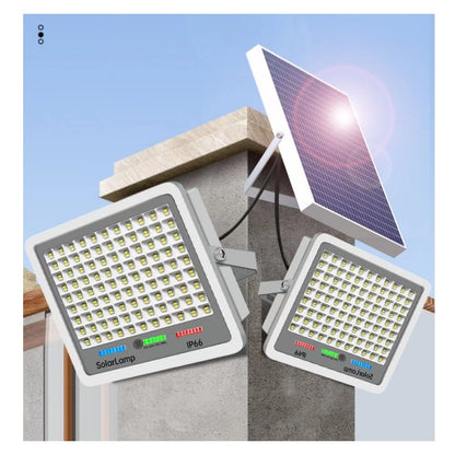 Proiector LED cu Panou Solar, Senzor lumina, Waterproof, 216 LED-uri incorporate, 100W, 24x19 cm, IP 67, Design Modern, Negru