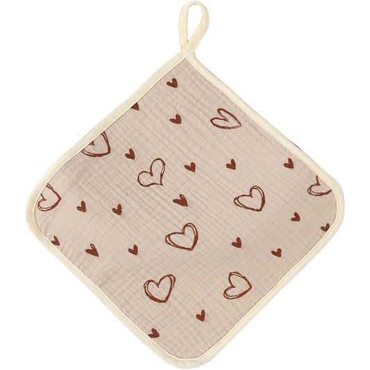 Prosop Absorbant, din Bumbac, 25 x 25 cm, Model Inimioare, cu Agatatoare, Bej