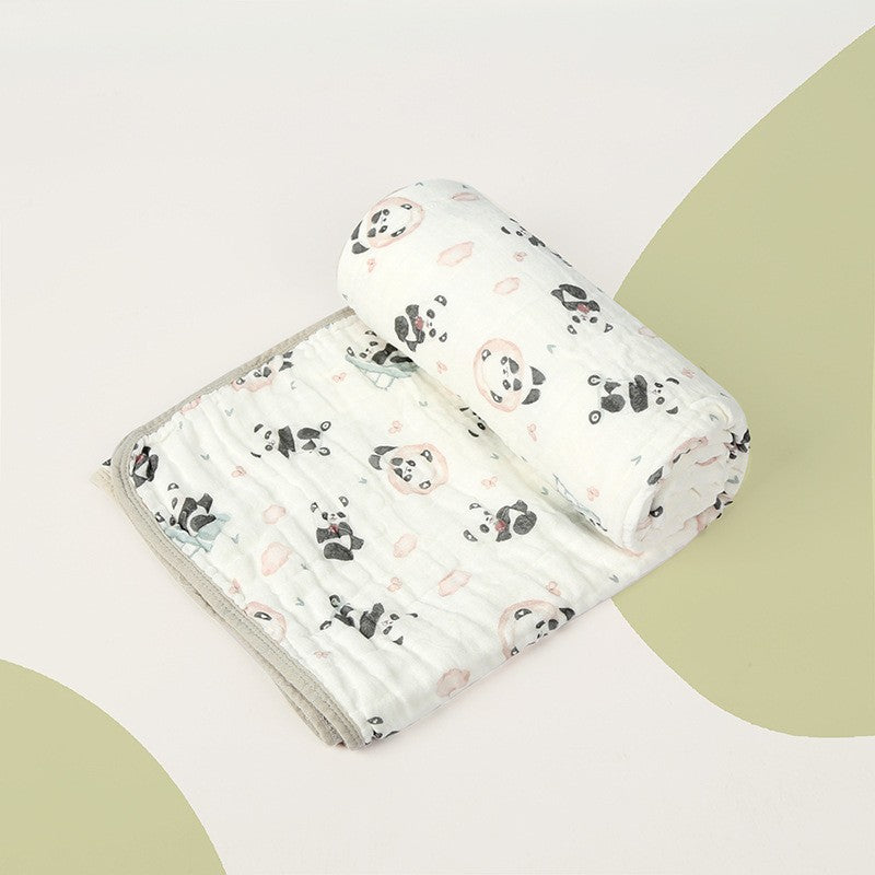 Prosop de baie din bumbac si tifon pentru Bebelusi, cu Sase Straturi, pentru Copii, 110x110 cm, Model Panda, Bej Verde