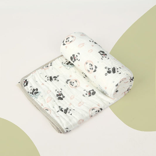 Prosop de baie din bumbac si tifon pentru Bebelusi, cu Sase Straturi, pentru Copii, 110x110 cm, Model Panda, Bej Verde