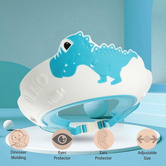 Viziera de Protectie Baie Pentru Copii, Fippy, Model Dinozaur, Dimensiune ajustabila, Durabil, Usor de curatat, Impotriva Samponului, pentru Ochi si Urechi, TPE+PP, 22x21 cm, Albastru