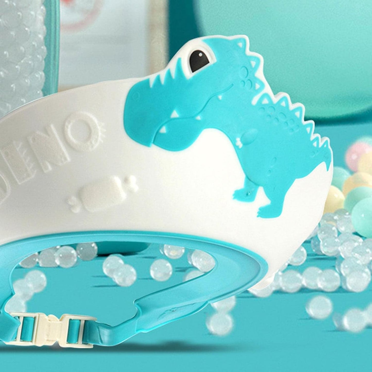 Viziera de Protectie Baie Pentru Copii, Fippy, Model Dinozaur, Dimensiune ajustabila, Durabil, Usor de curatat, Impotriva Samponului, pentru Ochi si Urechi, TPE+PP, 22x21 cm, Albastru