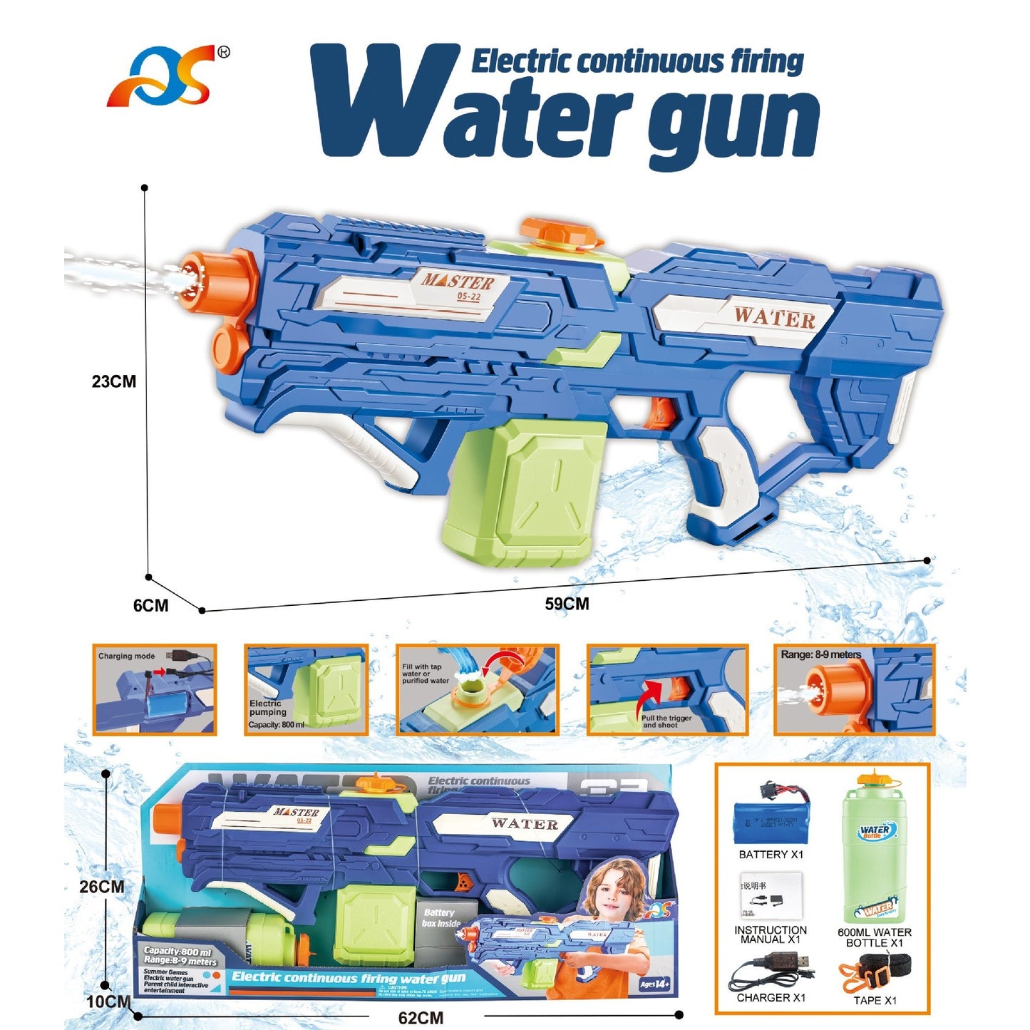 Pistol cu Apa pentru Copii, Rezervor 600ml, 14ani+, cu baterie 1200mAh, Electric Burst, Albastru/Verde, 800ML