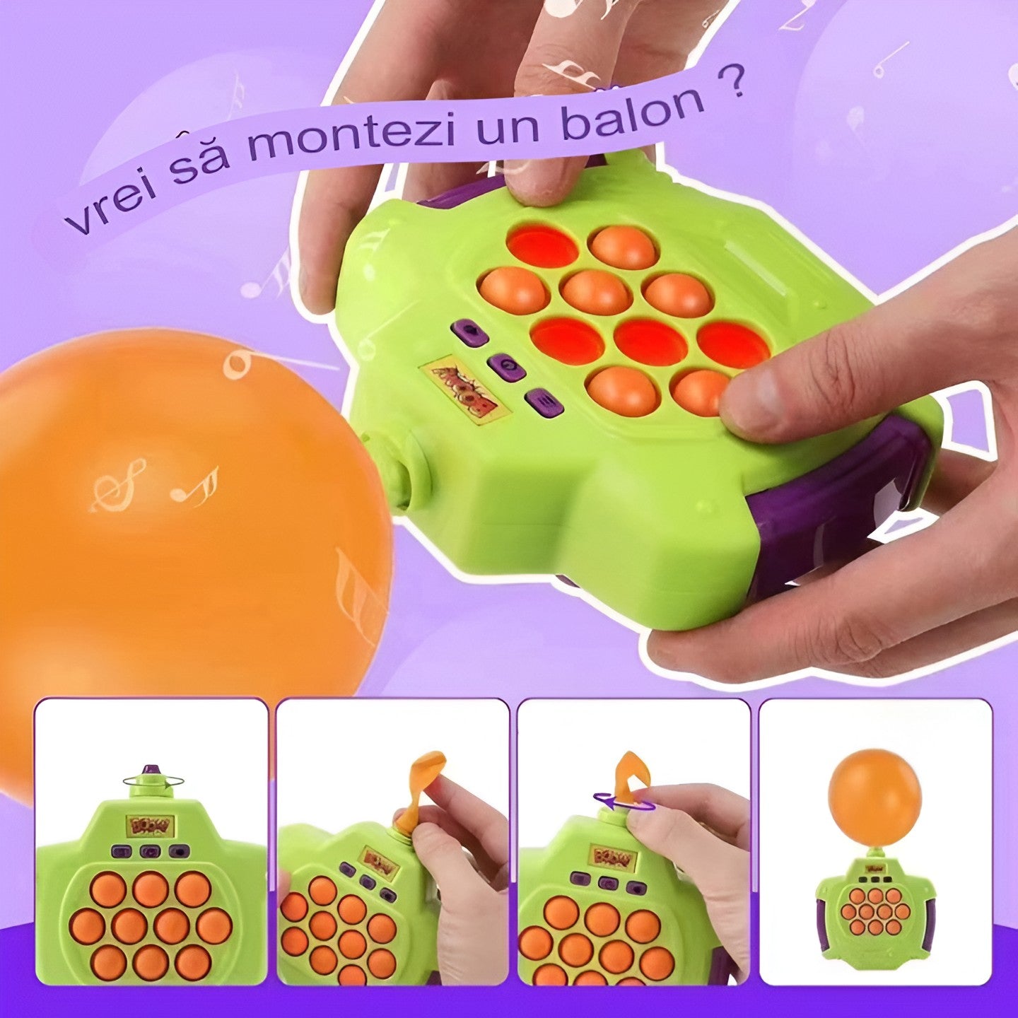Joc Pop-It Antistres, Electronic, 50 de Baloane, Muzica, 2 Moduri de Joc, Nivel Maxim 200, 14.5x13.5x5.7cm, Verde