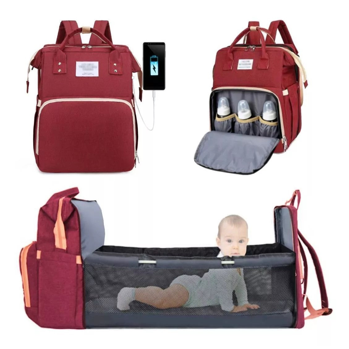 Rucsac Multifunctional pentru Mamici, cu Patut Pliabil si Baza de Schimbat, Rezistent la Apa, Capacitate Mare, Usor, Compartimente Multiple, Buzunar Termic pentru Lapte, 42 x 32 x 22 cm, Rosu