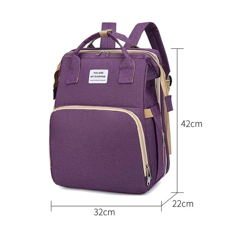 Rucsac Multifunctional pentru Mamici, cu Patut Pliabil si Baza de Schimbat, Rezistent la Apa, Capacitate Mare, Usor, Compartimente Multiple, Buzunar Termic pentru Lapte, 42 x 32 x 22 cm, Mov