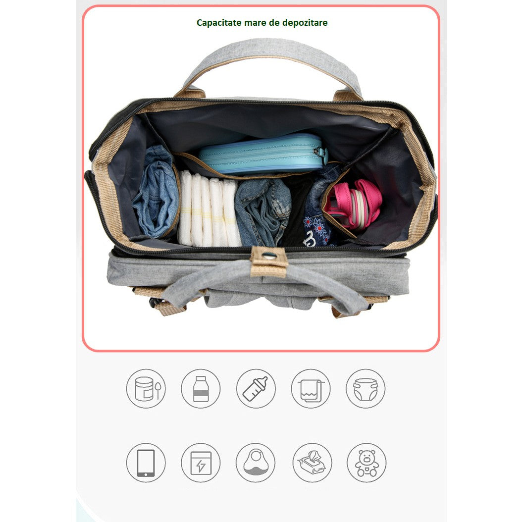 Rucsac Multifunctional pentru Mamici, cu Patut Pliabil si Baza de Schimbat, Rezistent la Apa, Capacitate Mare, Usor, Compartimente Multiple, Buzunar Termic pentru Lapte, 42 x 32 x 22 cm, Mov