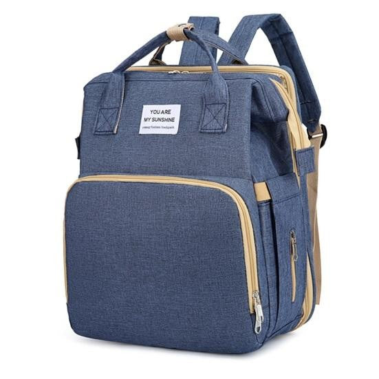 Rucsac Multifunctional pentru Mamici, cu Patut Pliabil si Baza de Schimbat, Rezistent la Apa, Capacitate Mare, Usor, Compartimente Multiple, Buzunar Termic pentru Lapte, 42 x 32 x 22 cm, Albastru Inchis