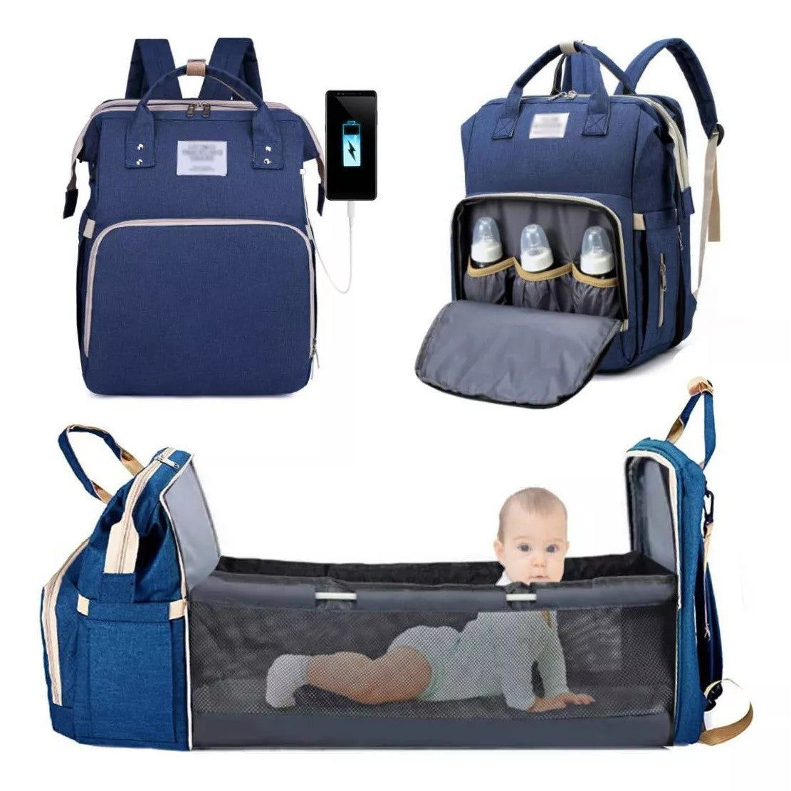 Rucsac Multifunctional pentru Mamici, cu Patut Pliabil si Baza de Schimbat, Rezistent la Apa, Capacitate Mare, Usor, Compartimente Multiple, Buzunar Termic pentru Lapte, 42 x 32 x 22 cm, Albastru Inchis