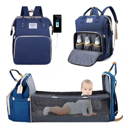 Rucsac Multifunctional pentru Mamici, cu Patut Pliabil si Baza de Schimbat, Rezistent la Apa, Capacitate Mare, Usor, Compartimente Multiple, Buzunar Termic pentru Lapte, 42 x 32 x 22 cm, Albastru Inchis