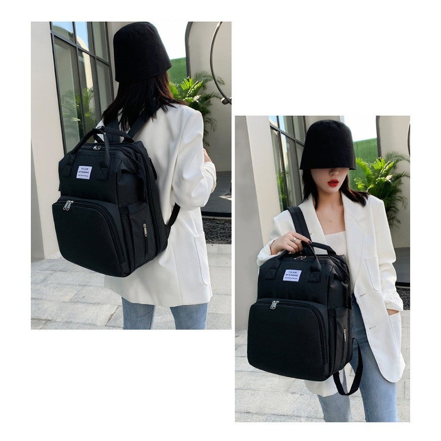 Rucsac Multifunctional pentru Mamici, cu Patut Pliabil si Baza de Schimbat, Rezistent la Apa, Capacitate Mare, Usor, Compartimente Multiple, Buzunar Termic pentru Lapte, 42 x 32 x 22 cm, Negru