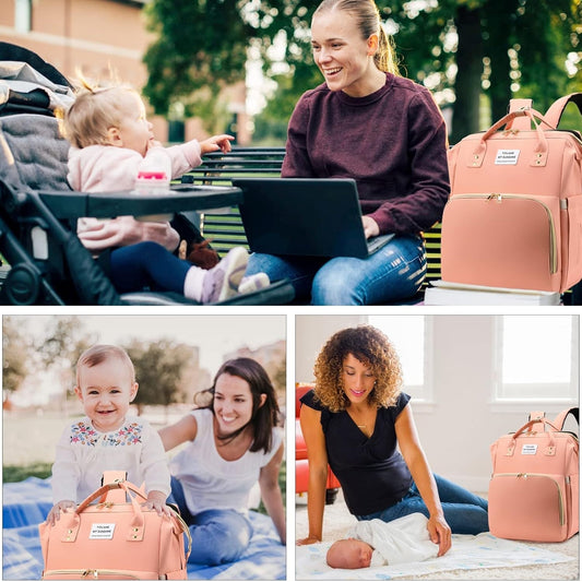 Rucsac Multifunctional pentru Mamici, cu Patut Pliabil si Baza de Schimbat, Rezistent la Apa, Capacitate Mare, Usor, Compartimente Multiple, Buzunar Termic pentru Lapte, 42 x 32 x 22 cm, Roz Pudra