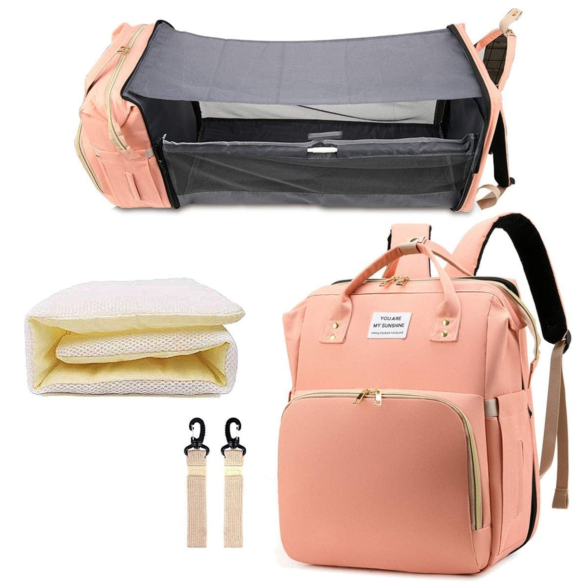 Rucsac Multifunctional pentru Mamici, cu Patut Pliabil si Baza de Schimbat, Rezistent la Apa, Capacitate Mare, Usor, Compartimente Multiple, Buzunar Termic pentru Lapte, 42 x 32 x 22 cm, Roz Pudra