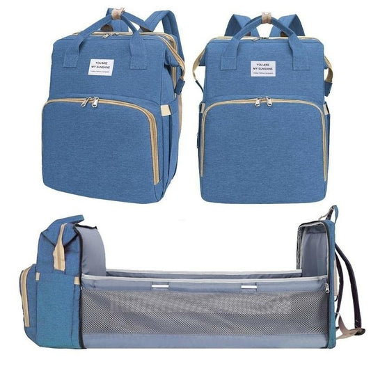Rucsac Multifunctional pentru Mamici, cu Patut Pliabil si Baza de Schimbat, Rezistent la Apa, Capacitate Mare, Usor, Compartimente Multiple, Buzunar Termic pentru Lapte, 42 x 32 x 22 cm, Albastru Deschis