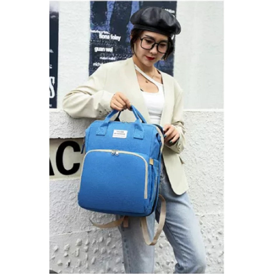Rucsac Multifunctional pentru Mamici, cu Patut Pliabil si Baza de Schimbat, Rezistent la Apa, Capacitate Mare, Usor, Compartimente Multiple, Buzunar Termic pentru Lapte, 42 x 32 x 22 cm, Albastru Deschis