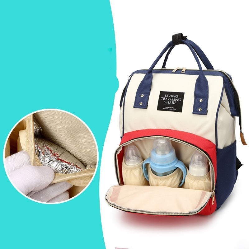 Rucsac Multifunctional pentru Mamici, din Panza Oxford, Compartimentare Multipla, Impermeabil, 43 x 18 x 26 cm, Alb/Rosu/Albastru