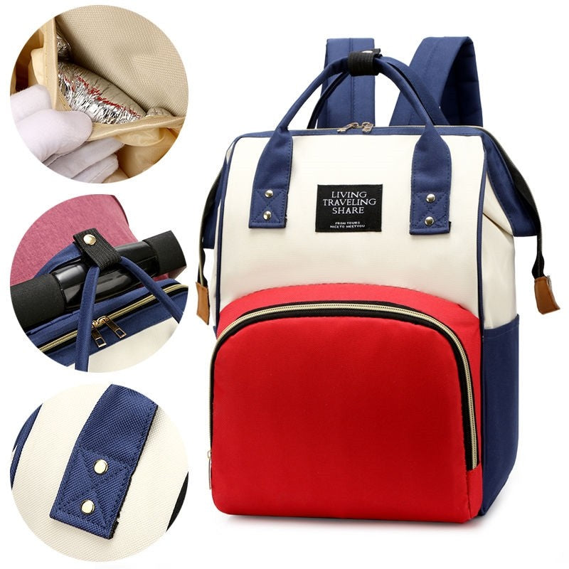 Rucsac Multifunctional pentru Mamici, din Panza Oxford, Compartimentare Multipla, Impermeabil, 43 x 18 x 26 cm, Alb/Rosu/Albastru