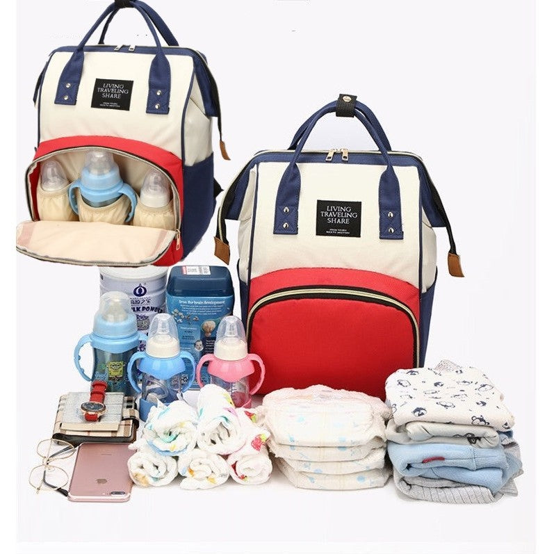 Rucsac Multifunctional pentru Mamici, din Panza Oxford, Compartimentare Multipla, Impermeabil, 43 x 18 x 26 cm, Alb/Rosu/Albastru