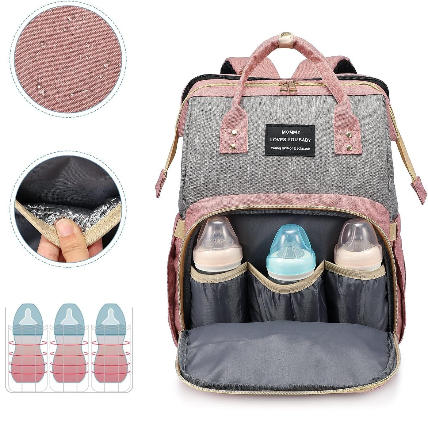 Rucsac Multifunctional pentru Mamici, din Panza Oxford, Compartimentare Multipla, Impermeabil, 43 x 18 x 26 cm, Roz/Gri