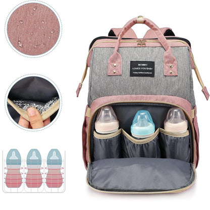 Rucsac Multifunctional pentru Mamici, din Panza Oxford, Compartimentare Multipla, Impermeabil, 43 x 18 x 26 cm, Roz/Gri